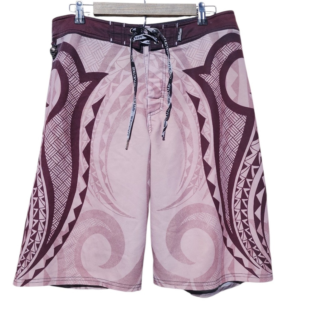 Affliction Mens Tribal Board Shorts Purple Graphic Swim Trunks Skull Detail 34